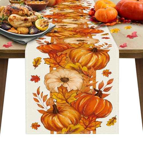 Bloss Thanksgiving Table Runner 72Inches Long Orange Pumpkins Maple Leaves Fall Table Runner,Seasonal Thanksgiving Fall Decoration,Autumn Farmhouse Harvest Style Kitchen Dining Table Decor
