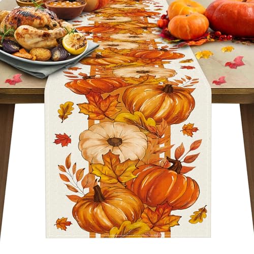 Bloss Thanksgiving Table Runner 13x72in with Maple Leaf & Pumpkin – Yellow Fall Decor