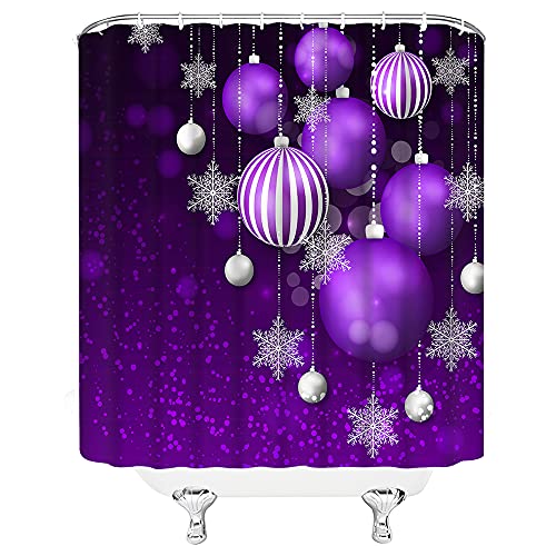 Merry Christmas Shower Curtain Purple Balls Xmas Winter Holiday Happy