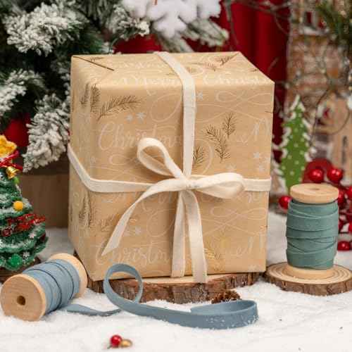 Velvet Ribbon Set 3/8" Wide 3 Rolls * 5Yd Wooden Spool Fabric Trim for Christmas Decoration Handmade Craft Ornaments Gift Wrapping Decoration Party Wedding Arts Crafts£¨Blue & Beige£©