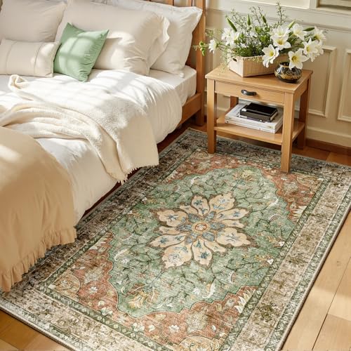Washable Area Rug 3x5 ft - Vintage Sunflower Pattern, Non-Slip, Pet Friendly