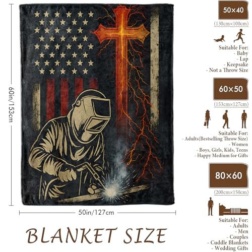 American Flag Welder 60x80in Flannel Blanket - Cozy Throw for Couch, Bed, Gifts kzoda