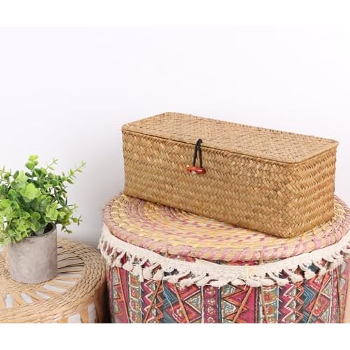 Wicker Shelf Baskets with Lid,Rectangular Seagrass Woven Storage Baskets with Dividers for Bathroom Organizer Small Bins Home Decor (Natural)