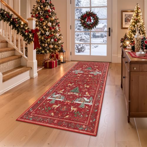 RUGVIGO Christmas Runner Rug 2' x 6' Non-Slip Washable Red