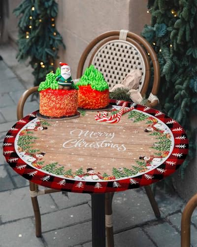 Chees D Zone 60-Inch Christmas Snowman Round Tablecloth with Elastic Edge, Fitted Holiday Cover, Rustic Wood Grain Design, Fits 55-60 Inch Tables