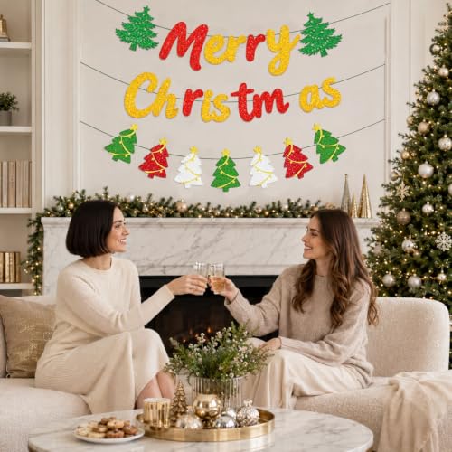 Merry Christmas Banner Set with Glitter Letter & Tree Garlands - DIY Xmas Decor