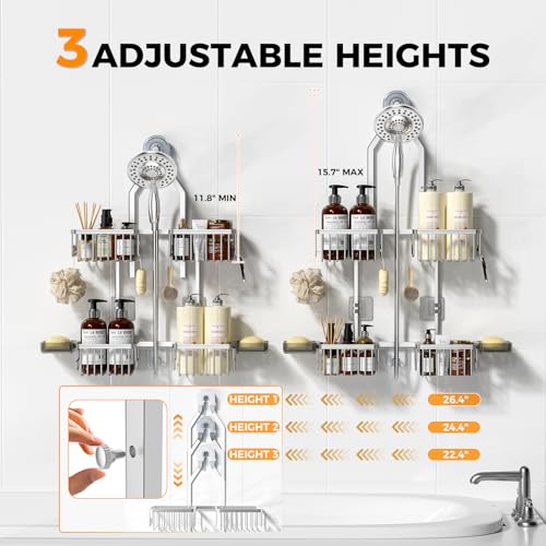 Adjustable Aluminum Shower Caddy Hanging for Handheld Showerhead - Silver, 22.4-26.4 inches