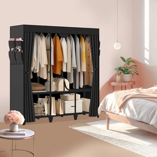 Jofuler 50 Inch Portable Wardrobe Closet with Cover & Storage, Black