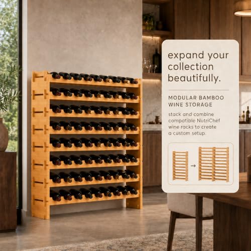 NutriChef 72 Bottle Wine Rack Stackable Bamboo Freestanding, 8-Tier
