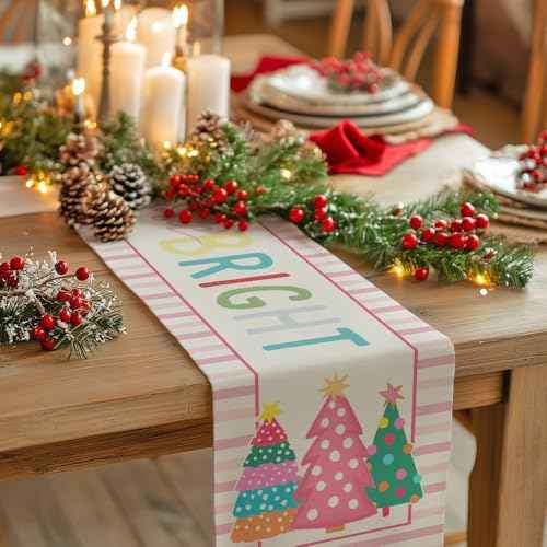 GEEORY Christmas Table Runner 13x60 Inch, Striped Trees Merry and Bright Xmas Decorative Farmhouse Table Decoration for Kitchen Dinning, Indoor Outdoor Dinner Party (Pink) GT125-60