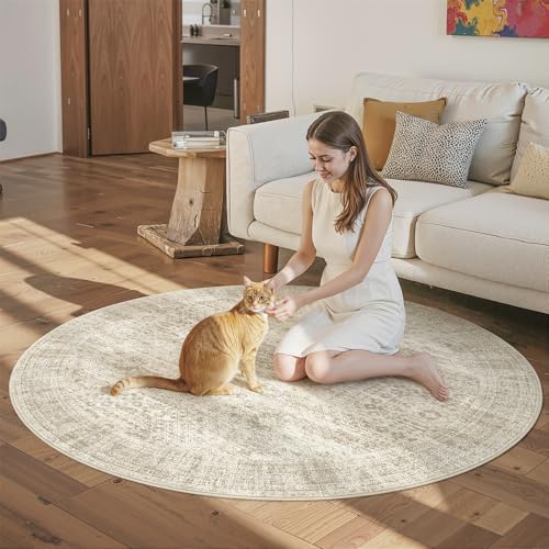 6ft Beige Round Area Rug Non-Slip Pet-Friendly Washable Living Room Carpet