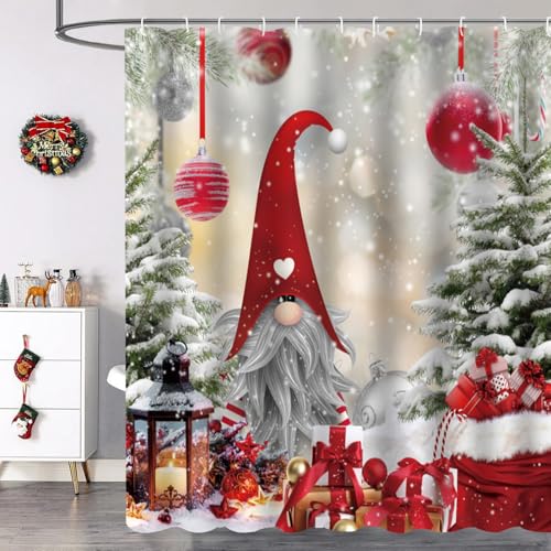 Christmas Shower Curtain, Gnome Shower Curtain Set, Winter Shower Curtains for Bathroom, Lovely Cute Sprite Bathroom Shower Curtain Sets, Shower Curtains Bathroom Decor 72x72 inch