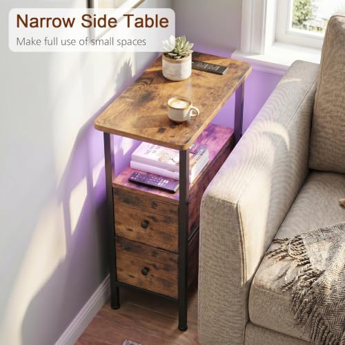 LOAKEKEL Rustic Brown Nightstand with Charging Station & LED Light - Narrow End Table for Living Room