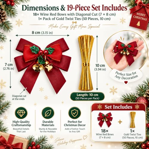 18 Pcs Christmas Bows Set with Jingle Bells for Tree Gift Wrapping & Decorations