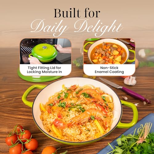 Cast Iron Dutch Oven with Lid – Non Stick Shallow Dutch Oven Pot, Oven Safe up to 500° F – Sturdy Cooking Pot – Enamelled Stockpot Cookware – Green, 3.7-Quart, 30cm – by Nuovva