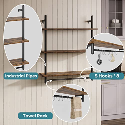 Wall-Mounted Industrial Pipe Shelving with Towel Bar - Rustic Brown, 31.5 Inch