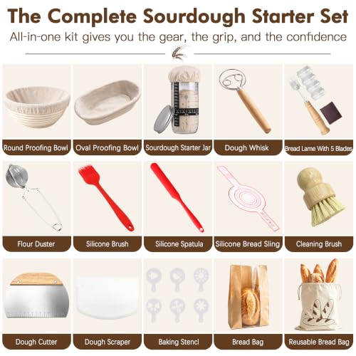 Red Sourdough Starter Kit with Banneton Baskets & Tools - 15 Pieces