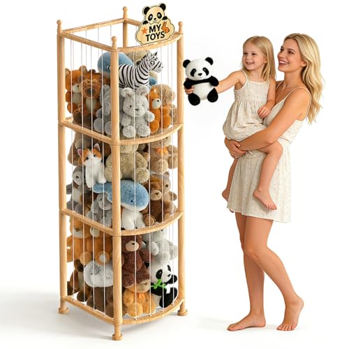 Kids Wooden Stuffed Animal Storage Organizer with Elastic Cords - Toy Zoo Tower