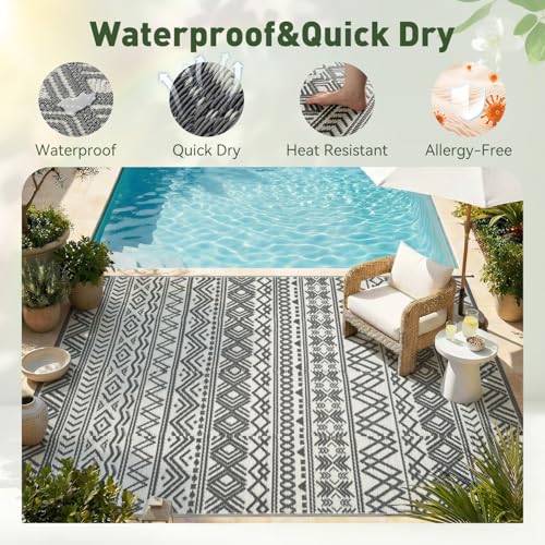 Grey Waterproof Outdoor Rug 6x9 ft Reversible Patio Carpet for Deck Balcony Backyard