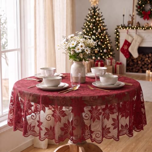 Horaldaily Christmas Lace Round Table Cloth 60x60 Inch Red - Holiday Decor