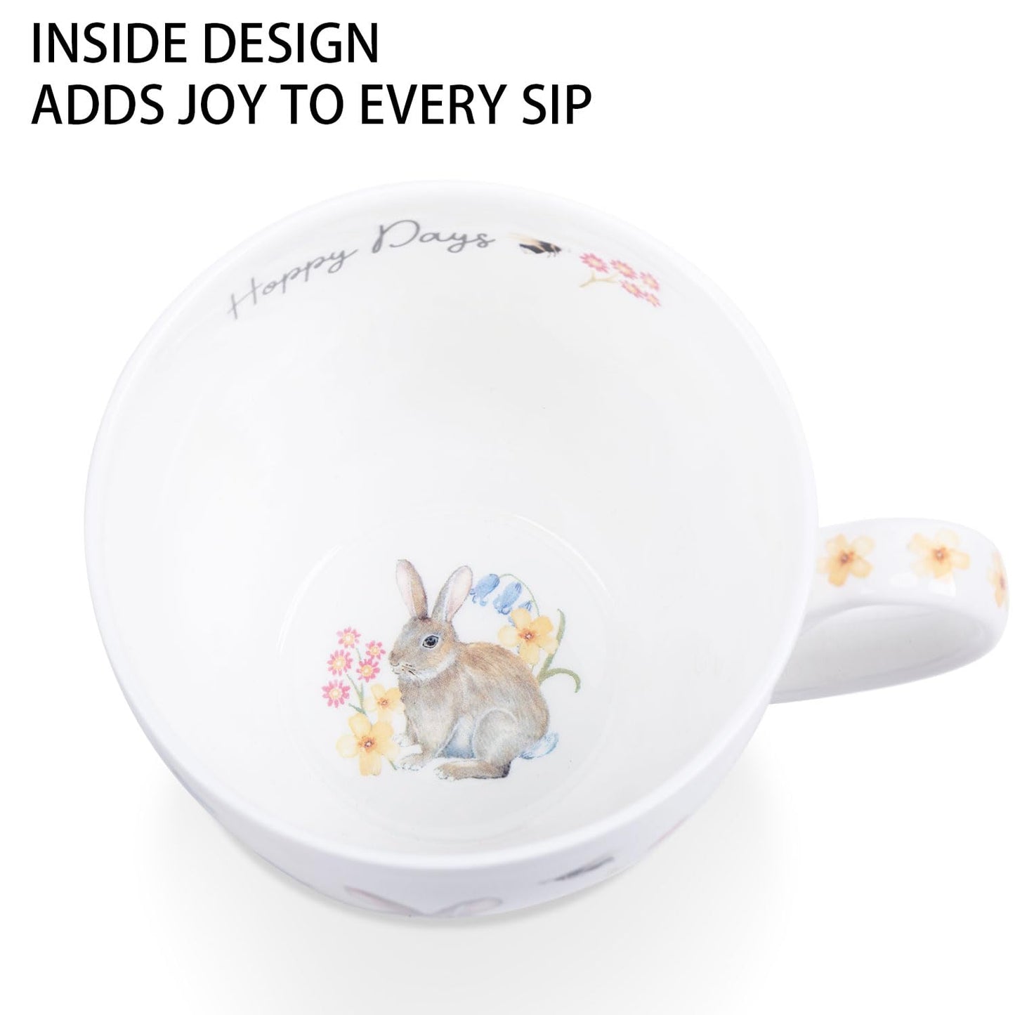 20 oz Easter Bunny Coffee Hug Mug, Spring Flowers & "Happy Days" Slogan, Premium Bone China Rabbit Tea Mug, Cute Easter Gift for Women, Family, Friends, Designed in England by Harvest Green Studio