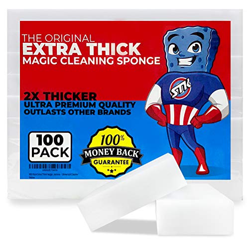 100 Pack Extra Thick Magic Cleaning Sponges - All-Surface Eraser Pads - Double Thickness - Just Add Water - Melamine - Universal Cleaner - Variation of THIS listing