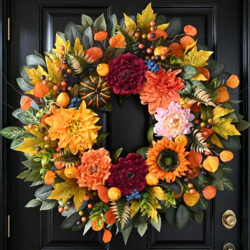 Waipfaru 26-Inch Fall Harvest Wreath with Pumpkins & Autumn Decor, Orange-Green