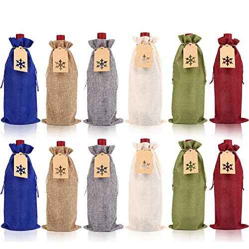 DIYASY Burlap Wine Gift Bags,12 Pcs Christmas Wine Bottle Cover with Drawstring,24 Snowflake Tags and Jute Twine for Christmas, Wedding,Birthday,Holiday Party