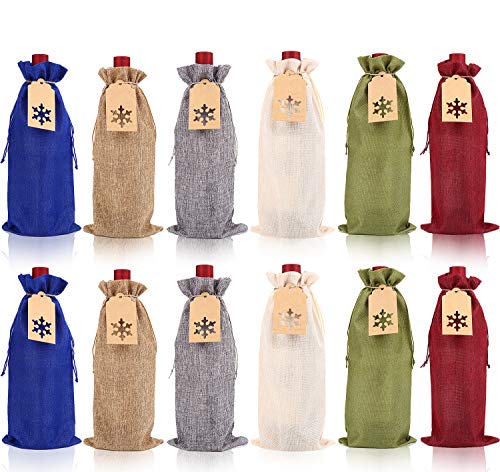 DIYASY Burlap Wine Gift Bags 12 Pcs with 24 Snowflake Tags & Jute Twine – Christmas Gift Wrapping