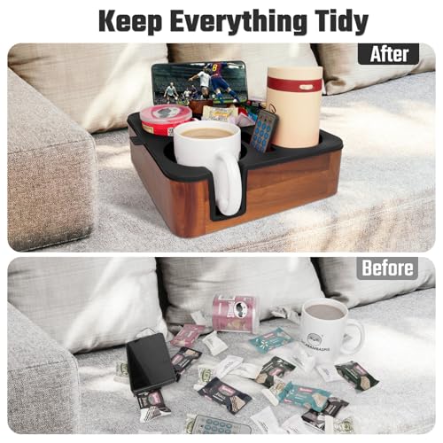 Black Couch Cup Holder Tray with Acacia Wood & Silicone - Snack & Drink Organizer for Sofa - Variation of THIS listing