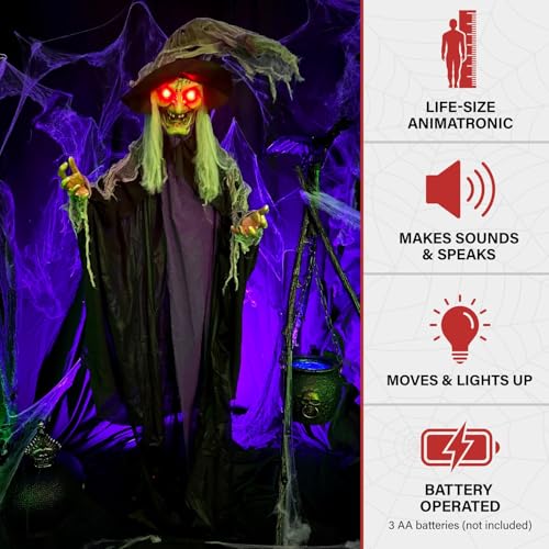 75-Inch Life-Size Poseable Talking Witch Halloween Animatronic - Indoor & Outdoor Decorations