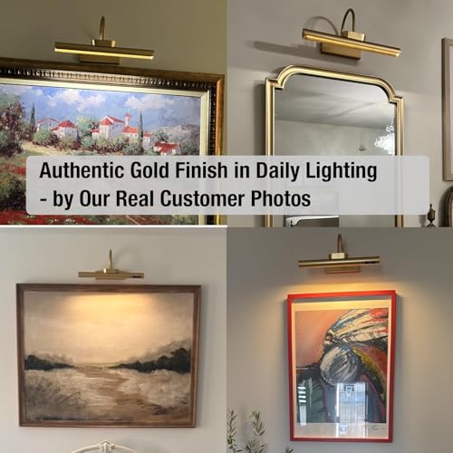 Dimmable Cordless Picture Light with Controller & Timer - 14 Inch Gold Wall Sconce for Artwork & Portraits