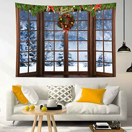 HVEST Christmas Winter Tapestry Snow Forest outside Windows Tapestries Wall Hanging Red Xmas Balls and Christmas Wreath Tapestry for Bedroom Living Room Dorm Wall Decor, 60W x 40H inches