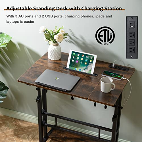 Hadulcet Adjustable Mobile Standing Desk with Charging Station - Rustic Brown, 31.5"