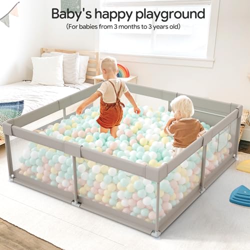 Baby Playpen with Mat - 59x59in Safety Play Yard for Toddlers, Grey