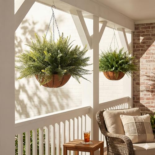 Green Fake Ferns Hanging Baskets - 2 Pcs Outdoor & Indoor Decor, No Maintenance