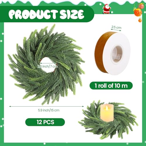 Aneco Brown 12-Pack Christmas Candle Ring Wreaths 6 inch Artificial Norfolk Green Pine Decorative Garland for Xmas Wedding Home Decor
