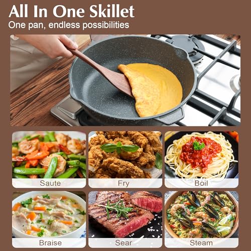 SENSARTE 12-inch Gray Nonstick Deep Frying Pan with Lid, Stay-Cool Handle, 5QT, Induction Safe