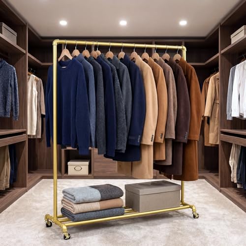 Clothing Rack with Bottom Shelf 47"L - Gold Heavy Duty Garment Rack on Wheels