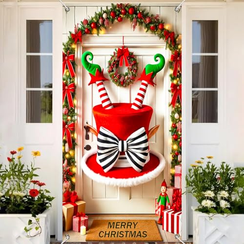 Christmas Elf Door Cover - 35x71 Inch Holiday Wall Banner for Front Door Decor