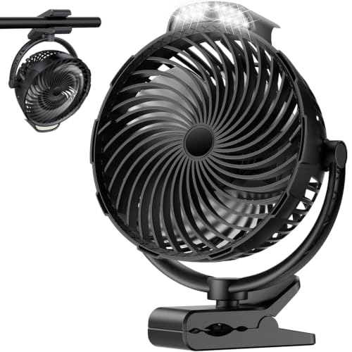 Gentsvip Black 8-Inch Rechargeable Clip-On Fan with LED Light, 9-Speed, 360° Rotation, 30H Battery