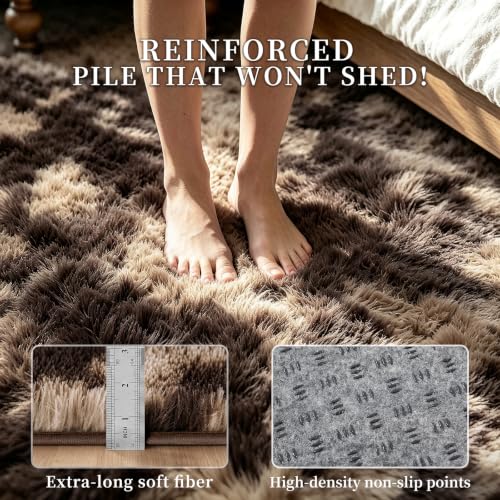 Mottled Brown 8x10 Area Rugs for Living Room, Fluffy Shag Rug Large