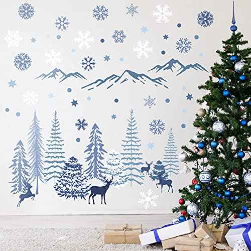 Teling 8 Pieces Winter Snowflake Wall Decals Stickers Dreamy Nursery Forest Woodland Trees Deer Pine Tree Wall Decals for Kids Room Winter Decor(Blue, White, Gray)