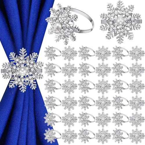 Patelai 6-Piece Snowflake Napkin Rings with Pearl Buckle - Silver Metal Christmas Set