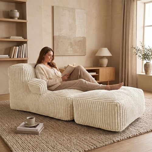MaxiBean Medium Stripe White Giant Faux Fur Bean Bag Chair Lounger with Memory Foam