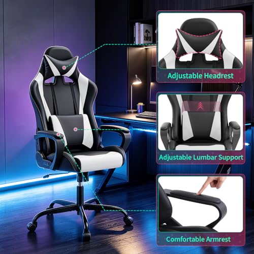 FDW White Gaming Chair with Lumbar Support & Headrest - Ergonomic PU Leather Desk Seat