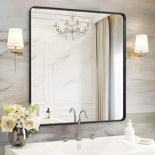 36x36 Black Bathroom Vanity Mirror Over Sink - Wall Square Mirror with Explosion-Proof Film