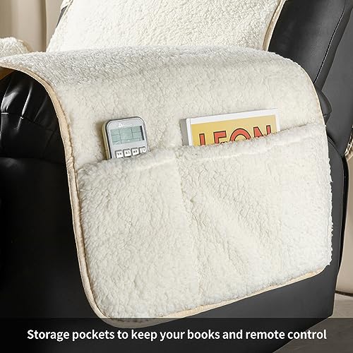 STONECREST White/Beige Sherpa Recliner Chair Cover 23" Regular Slipcover - Stay in Place, Non-Slip Faux Leather Back, Winter Cozy