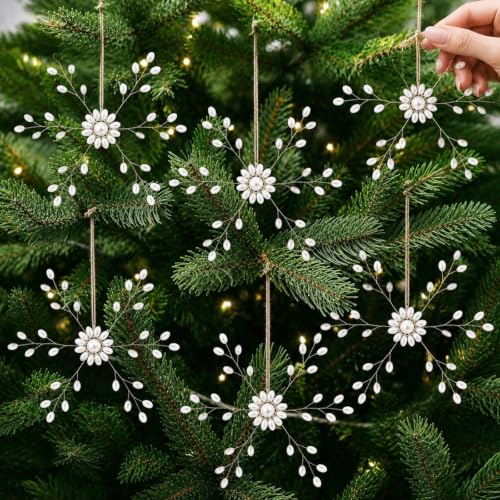 12 Pcs White Pearl Snowflake Christmas Ornaments for Tree & Holiday Decor