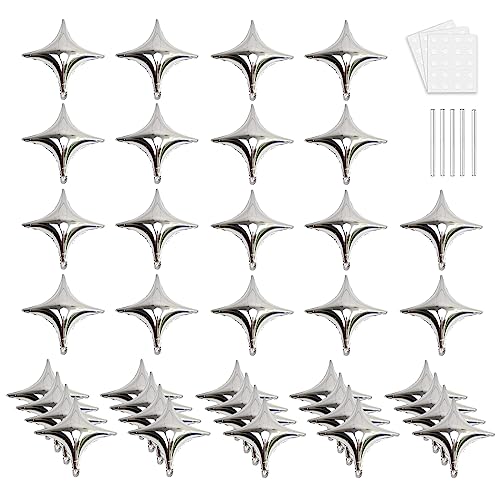 50Pcs 10 Inch Silver Star Foil Balloons Silver Star Mylar Balloon Kit with 60Pcs Balloon Glue Point and 5Pcs Straws for Birthday Baby Shower Engagement Anniversary Wedding Party Decoration